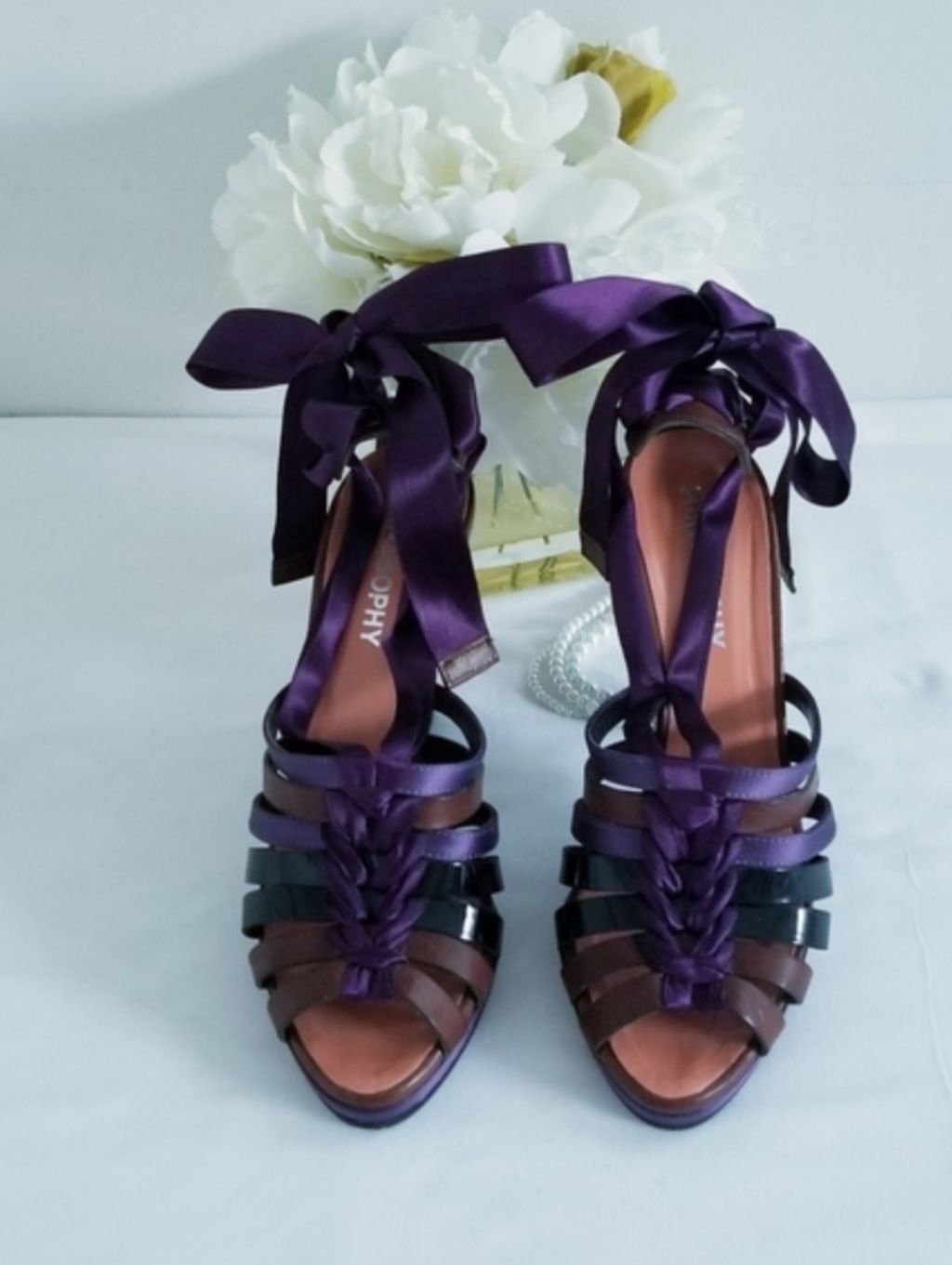 Philosophy Leather With Purple Strappy Satin Tie-Up Heels